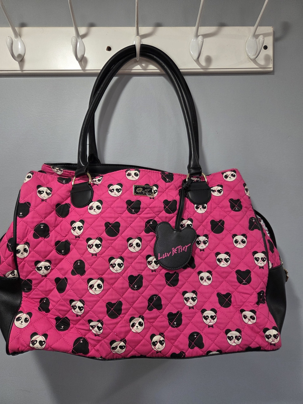 Betsey Johnson Hot Pink Quilted Panda Tote with Black Trim